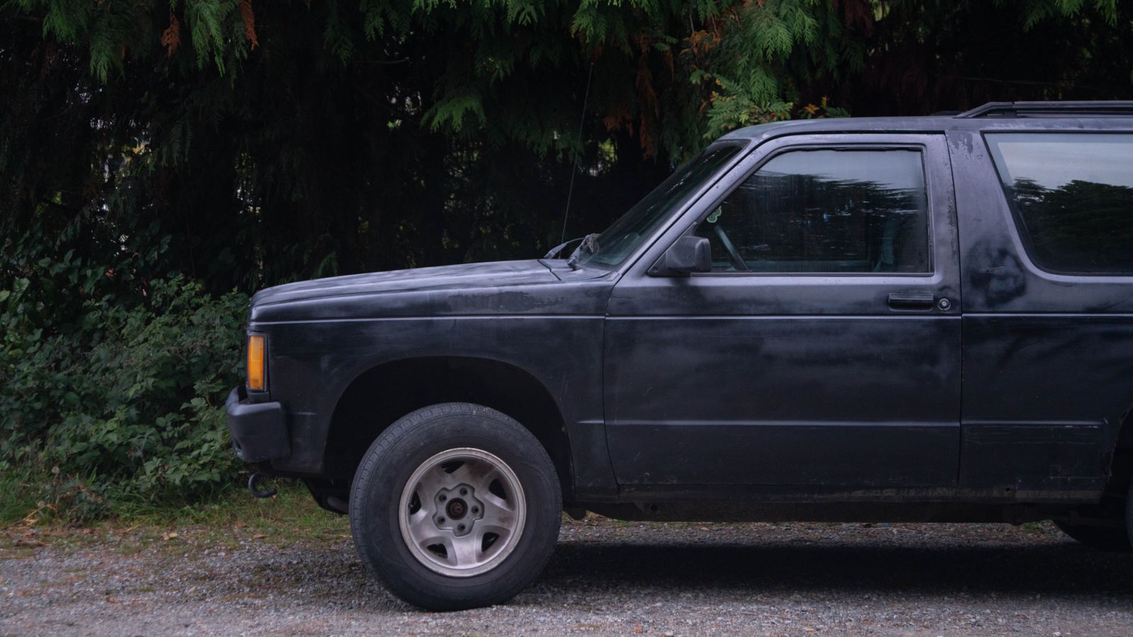 Close-up of a black SUV parked on a gravel path in Ucluelet, BC, surrounded by lush greenery.